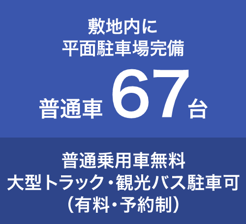 駐車場67台完備 大型車駐車可